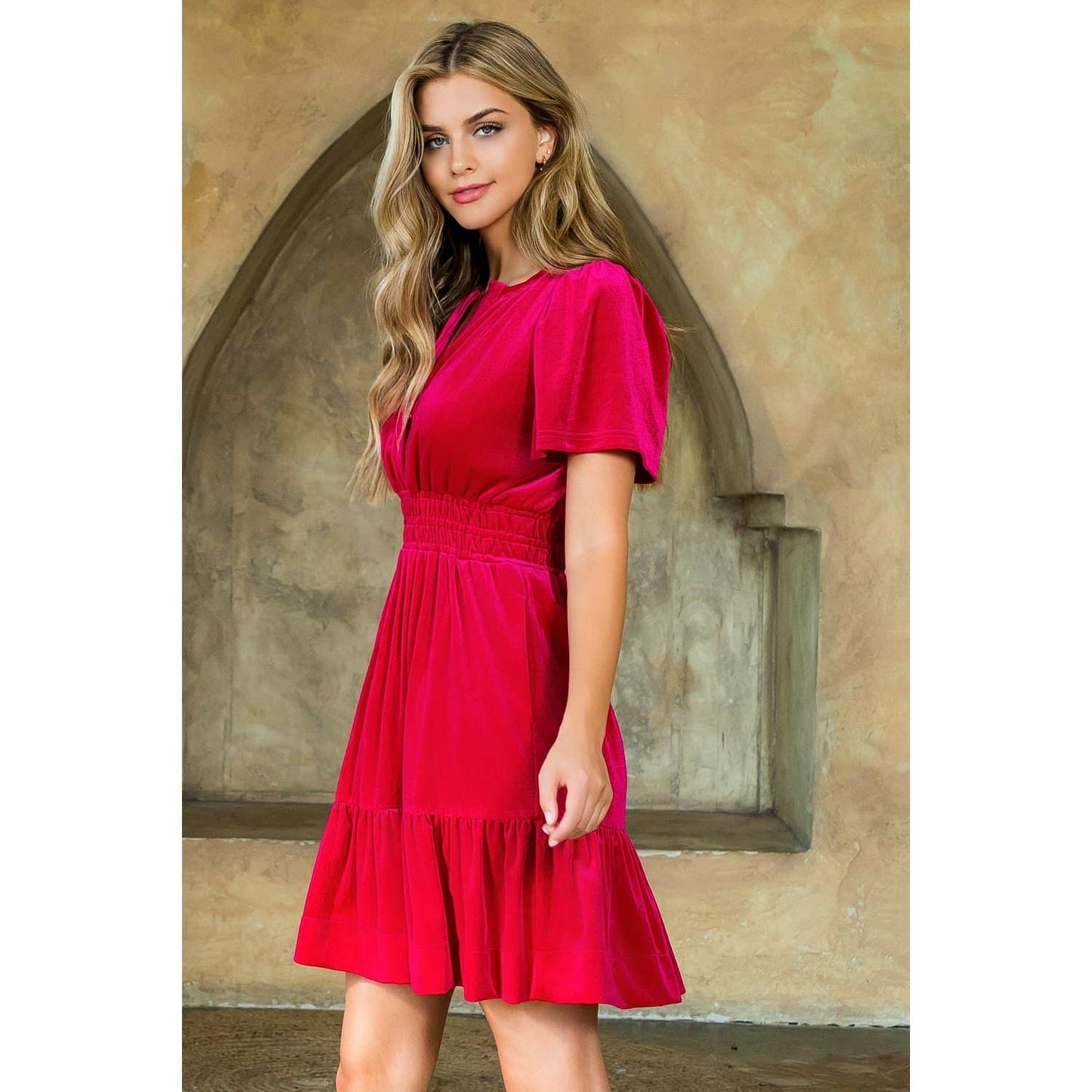 Smocked Waist Velvet Dress