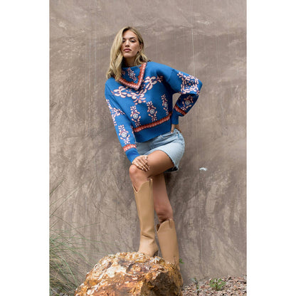 Blue Abstract Sleeve Print Sweater