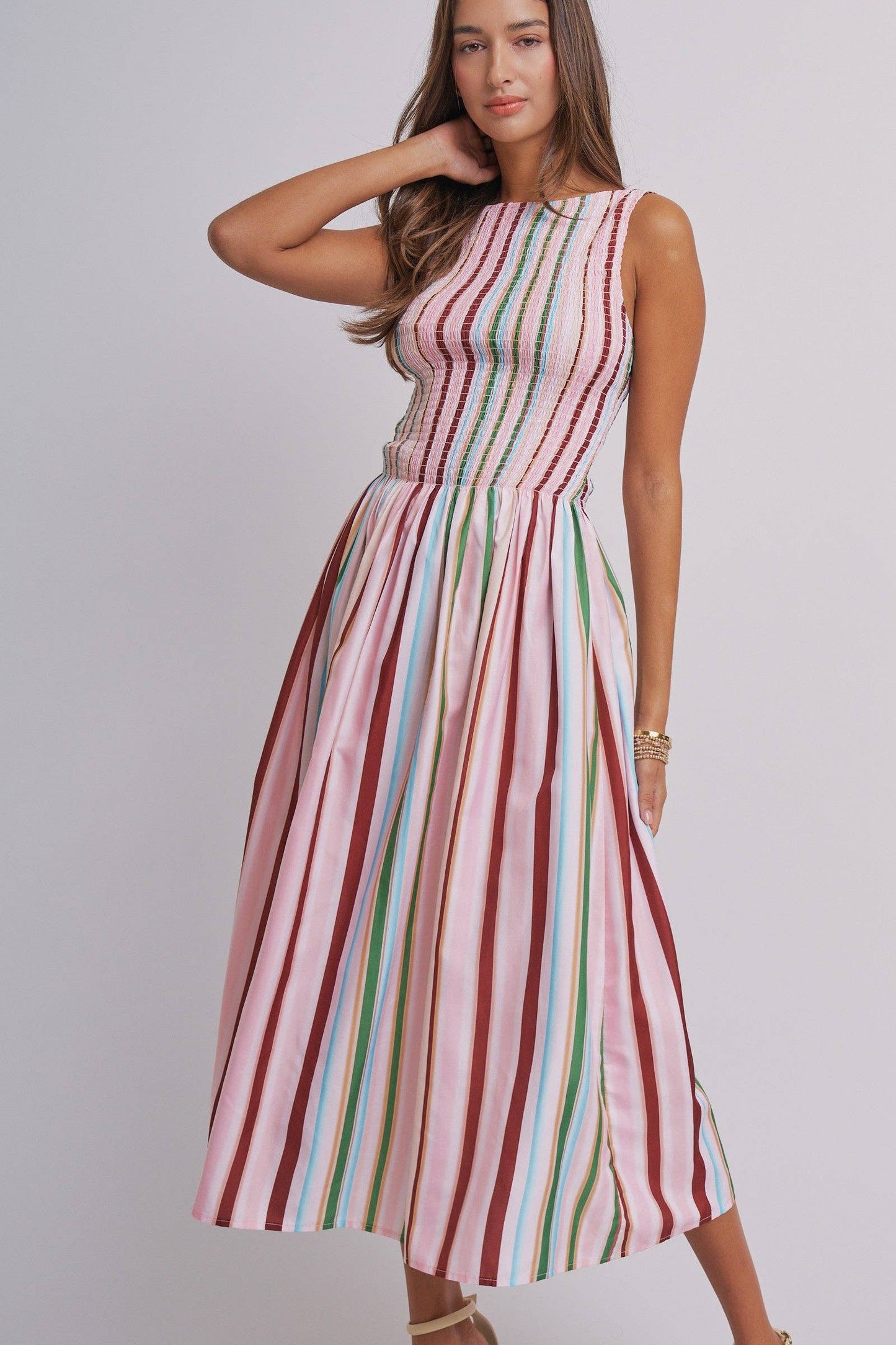 Candy Stripe Smocked Midi Dress