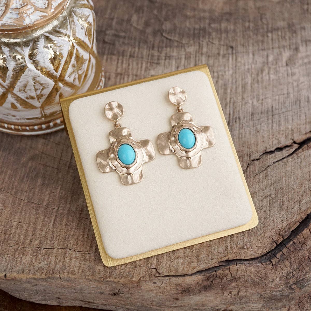 PennyLine Inc. Sunlit Cross – Hammered Cabochon Earrings