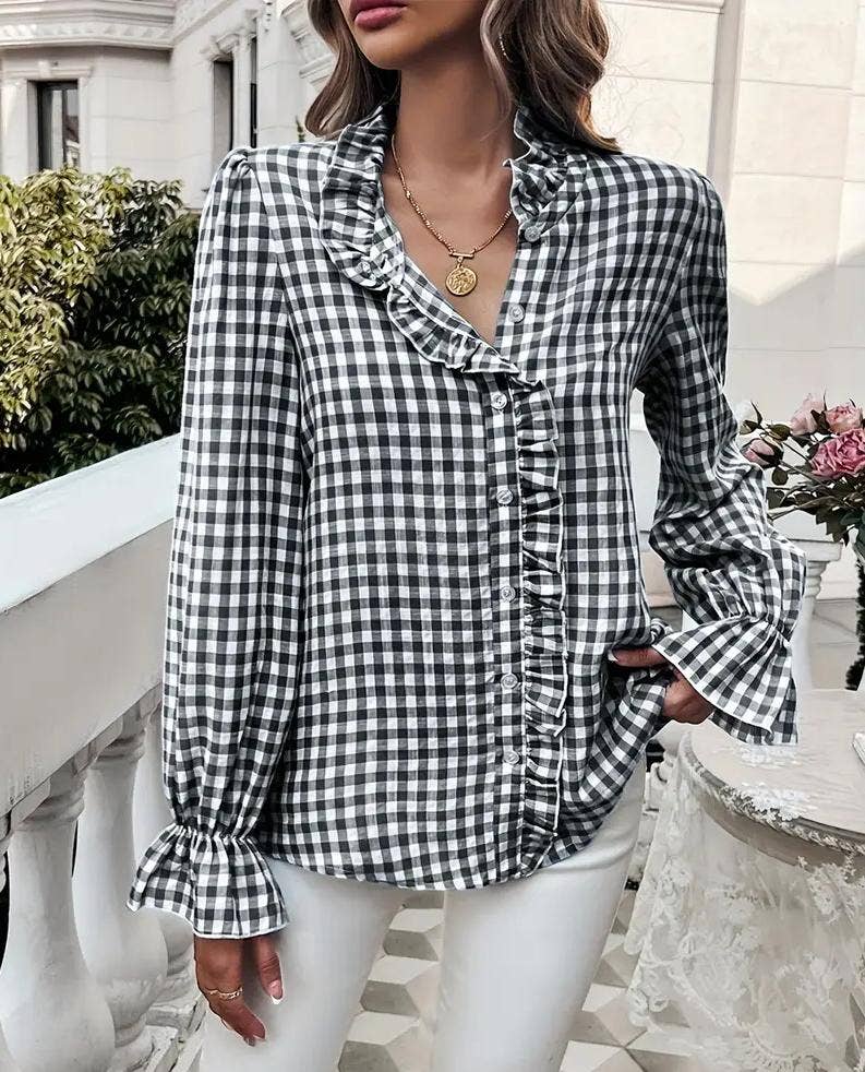 Ruffled Shirt Long-sleeve Plaid Blouse