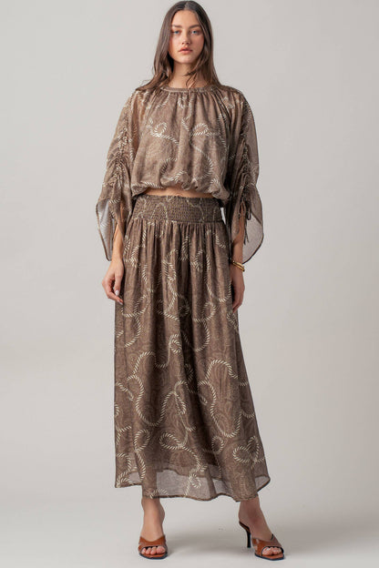 Rope Print Ruched Sleeve Blouse & Smocked Waist Skirt Set