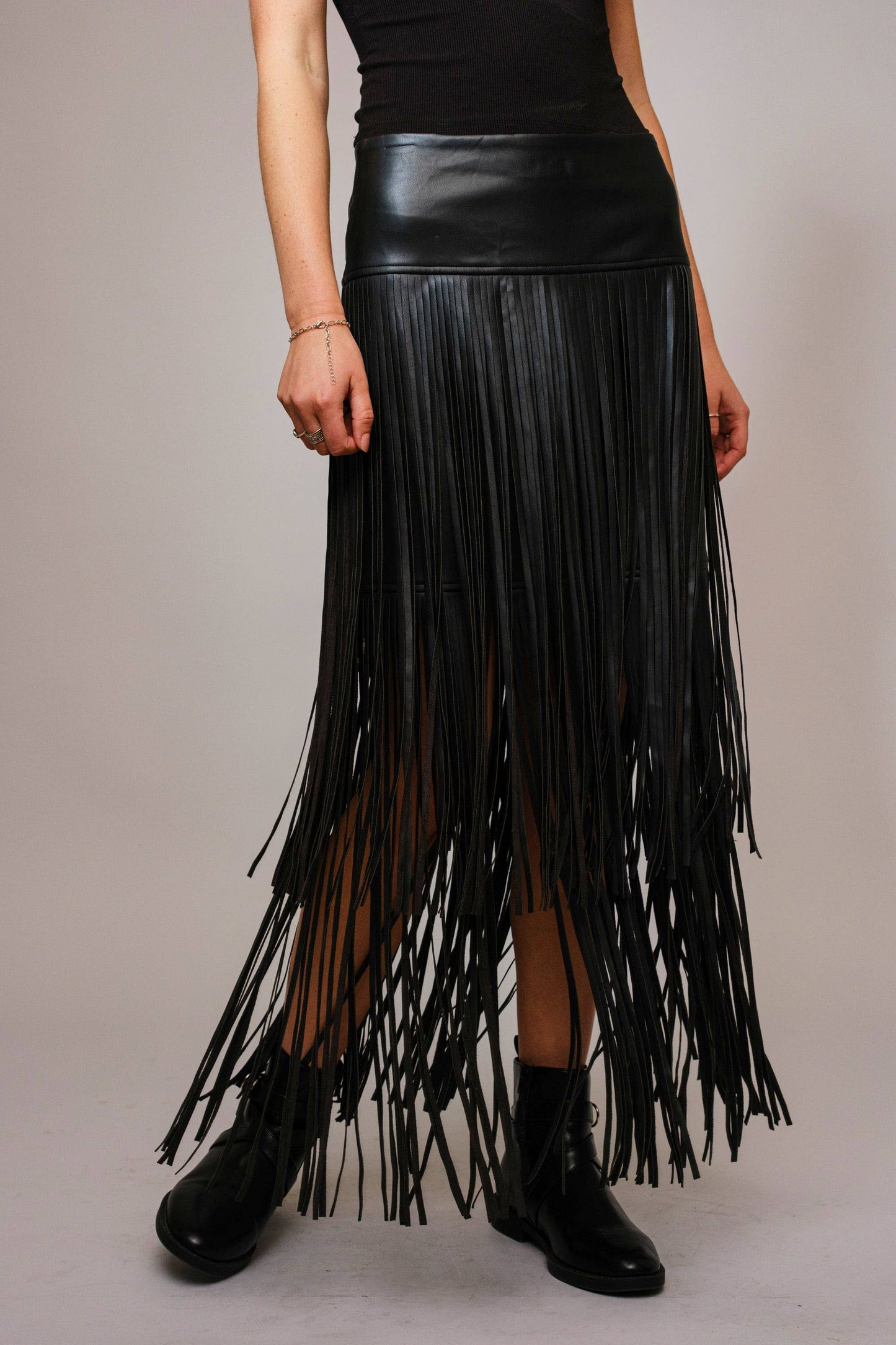 Faux Leather Tiered Fringe Maxi Skirt- Black