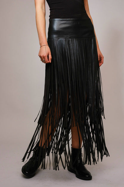 Faux Leather Tiered Fringe Maxi Skirt- Black