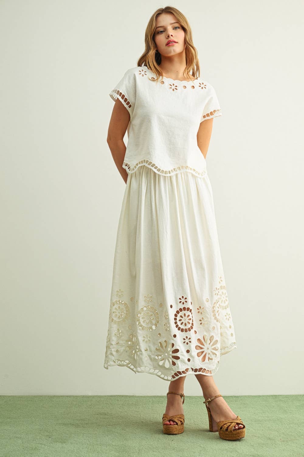 Floral Embroidered Boat Neck Top & Skirt Set