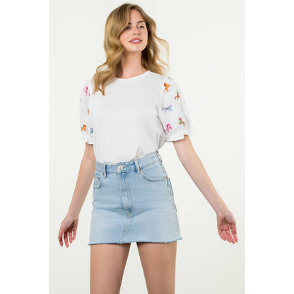 Embroidered Textured Puff Sleeve Top