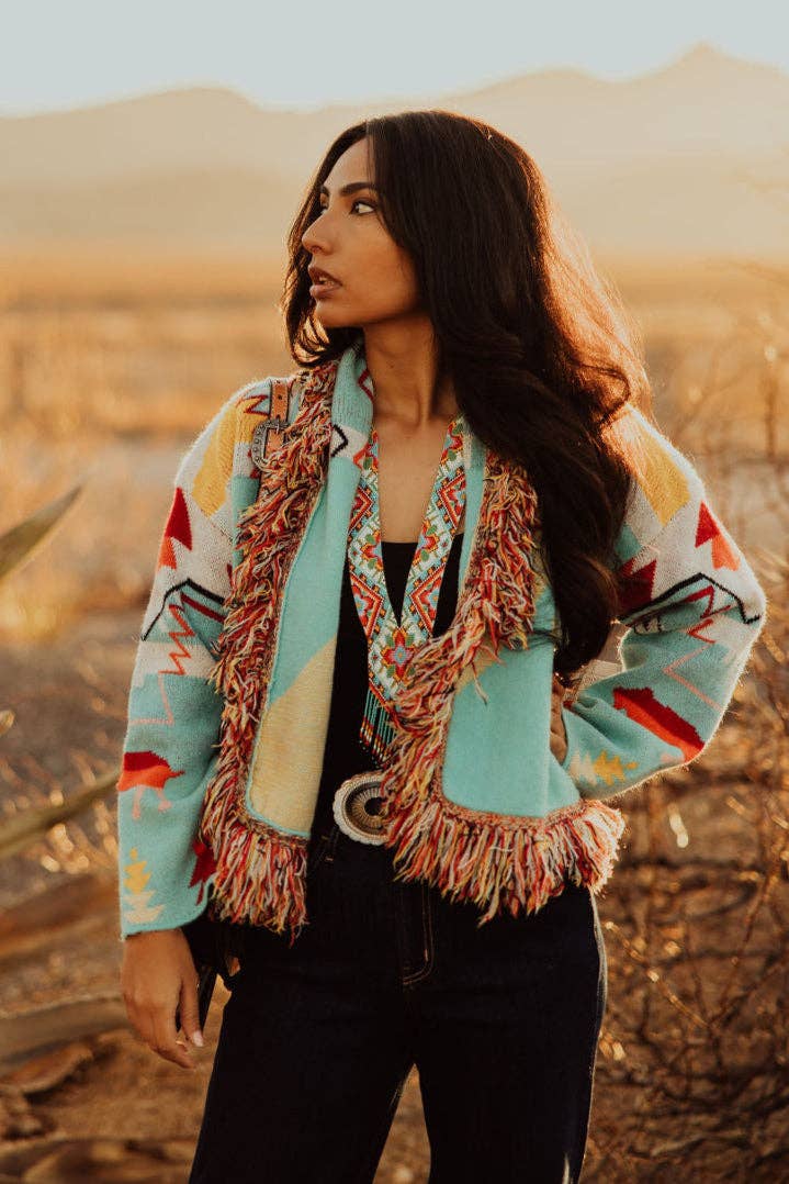 Turquoise Haven Red Aztec Fringe Cardi
