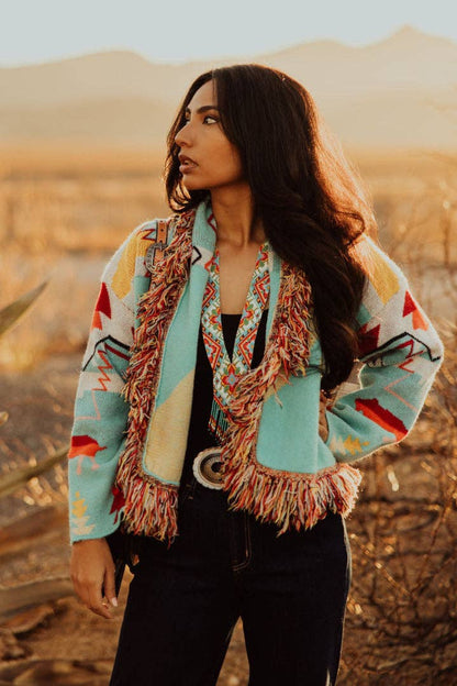 Turquoise Haven Red Aztec Fringe Cardi