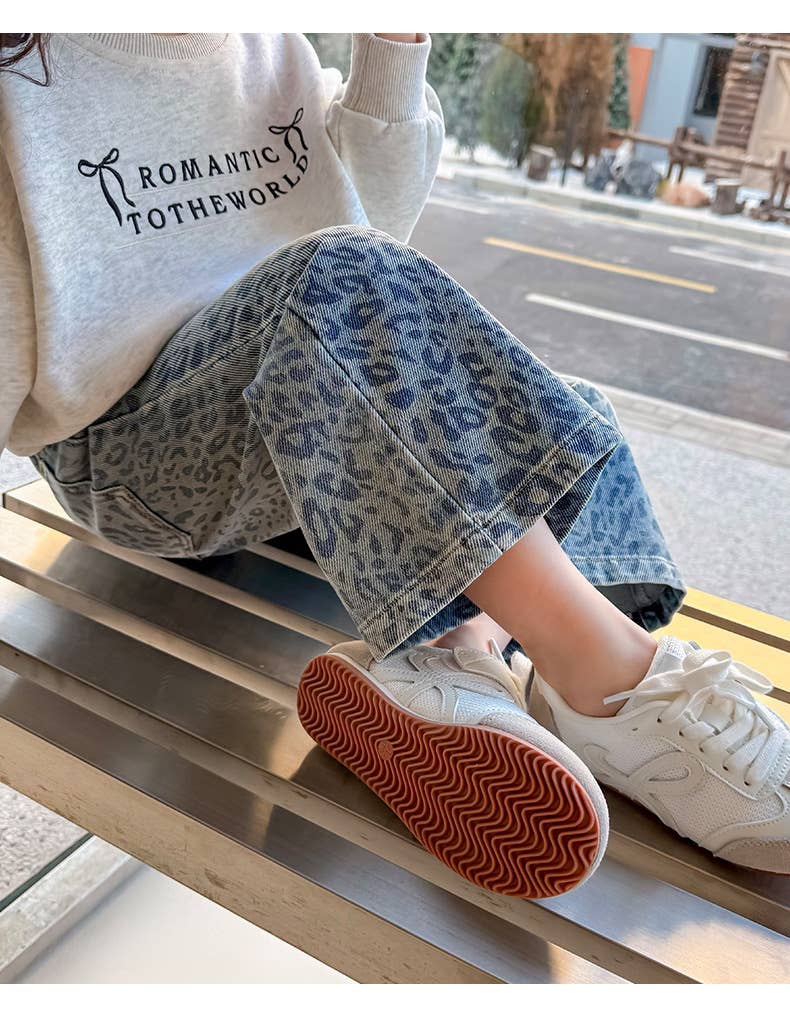 Girl's Blue Leopard Print Denim Wide-Leg Pants