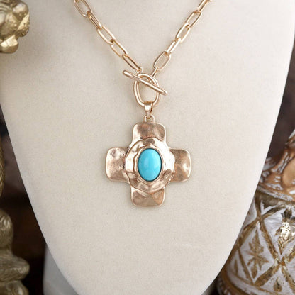 PennyLine Inc. Sunlit Cross – Hammered Cabochon Necklace