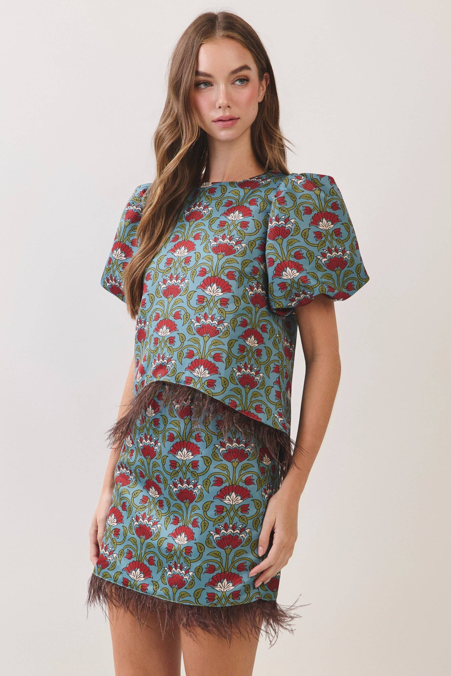 TCEC Floral Print Feather Trim Top