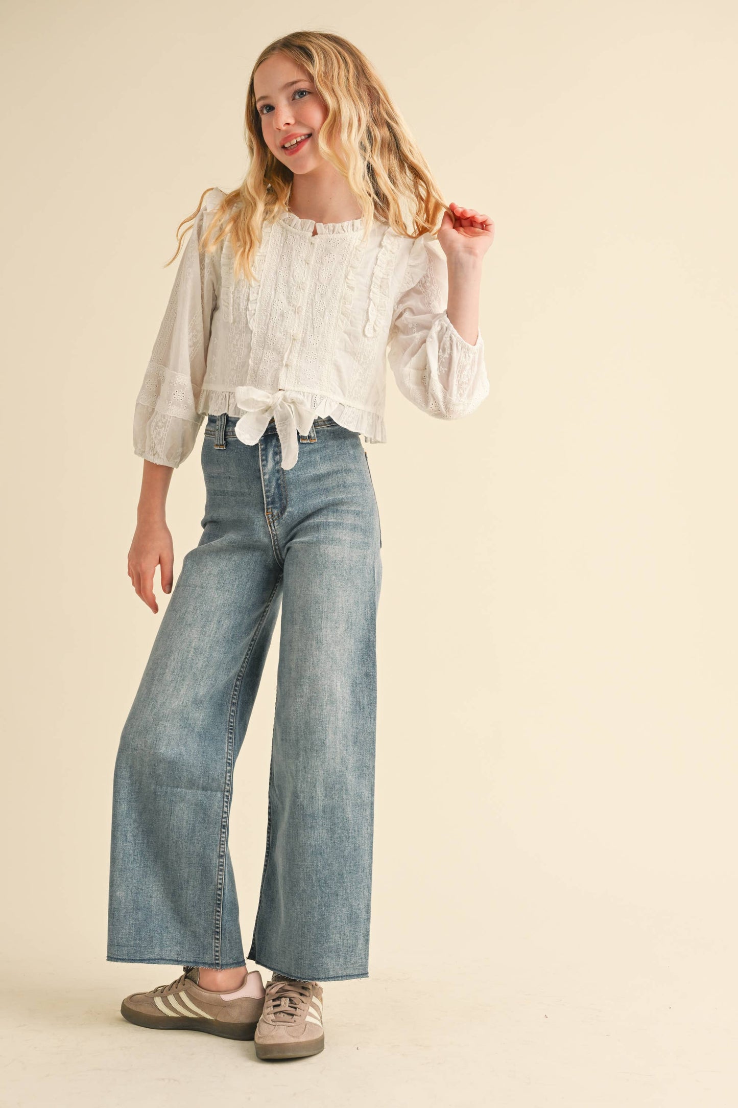 Tween Girls Cropped Button Down Blouse