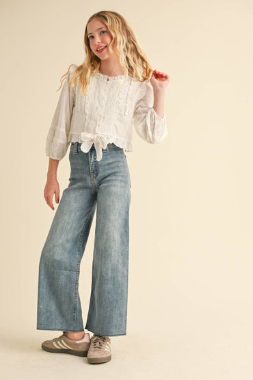 Tween Girls Cropped Button Down Blouse