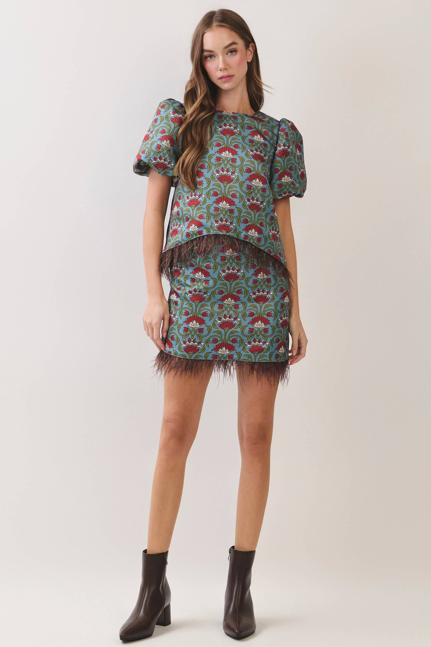 TCEC Floral Print Feather Trim Top