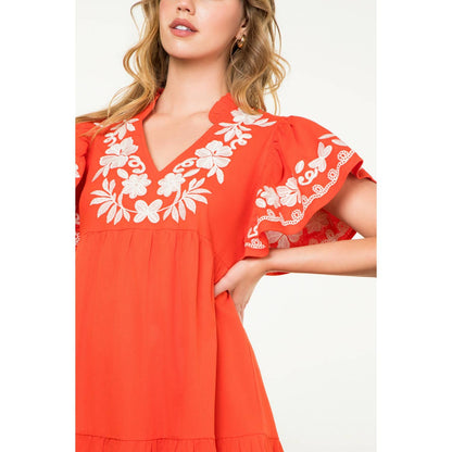 Flutter Sleeve Embroidered Dress