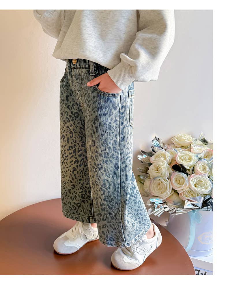 Girl's Blue Leopard Print Denim Wide-Leg Pants