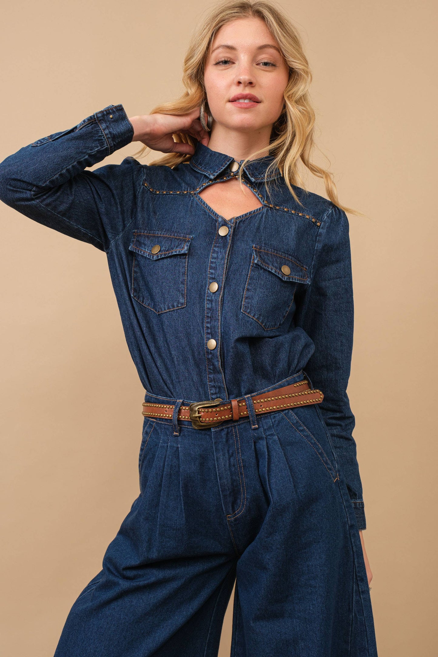 Chambray Cut Out Studded Collard Shirt Blouse