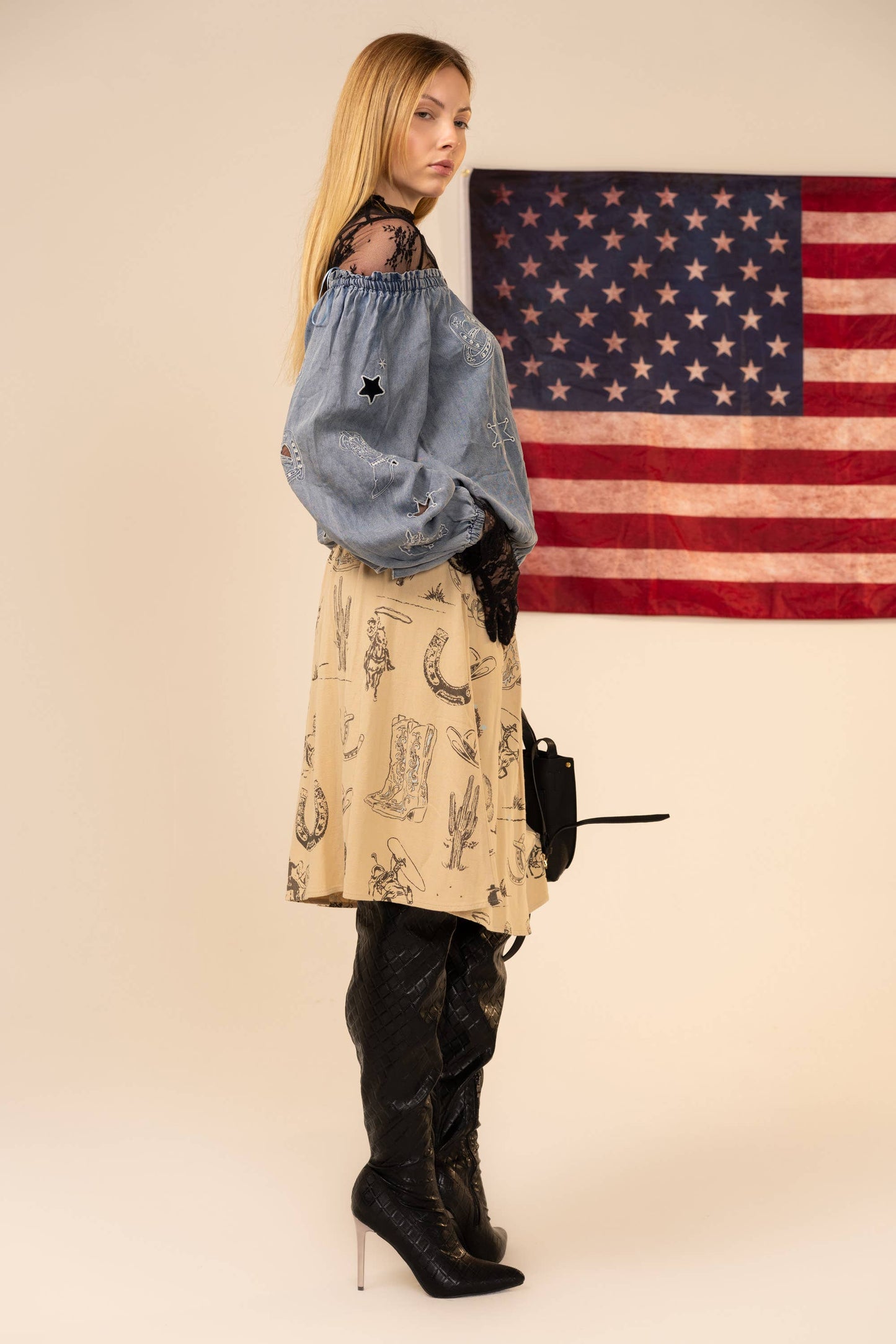 Blue B Western Print Linen Button Up Skirt