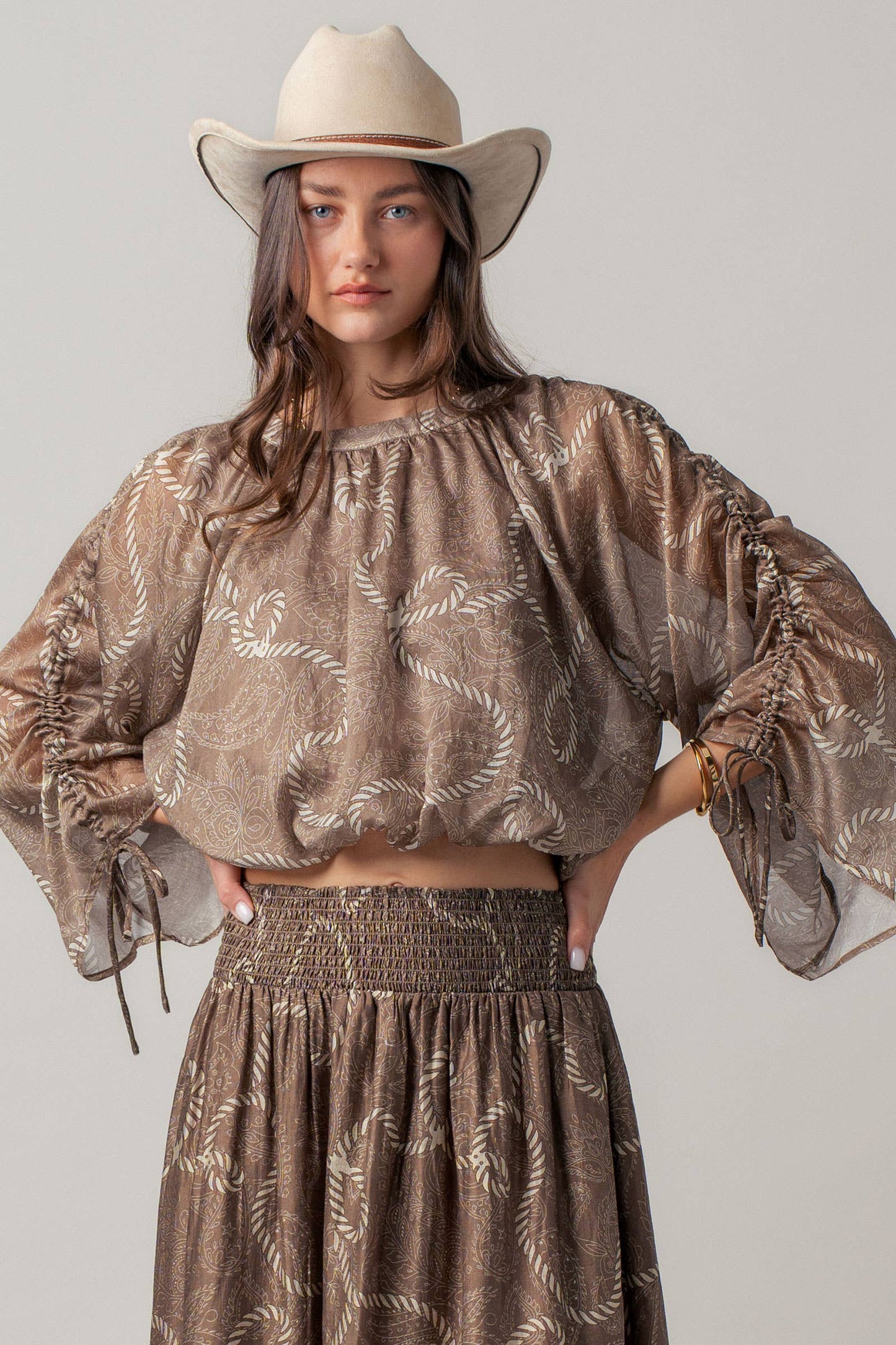 Rope Print Ruched Sleeve Blouse & Smocked Waist Skirt Set