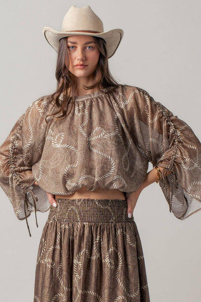 Rope Print Ruched Sleeve Blouse & Smocked Waist Skirt Set