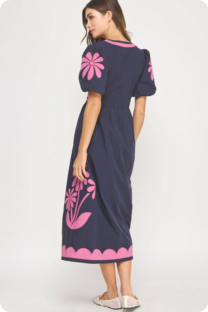 Flower Patch Contrast Embroidery Midi Dress