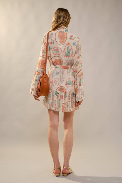 Cactus Vintage Print Pleated Mini Dress