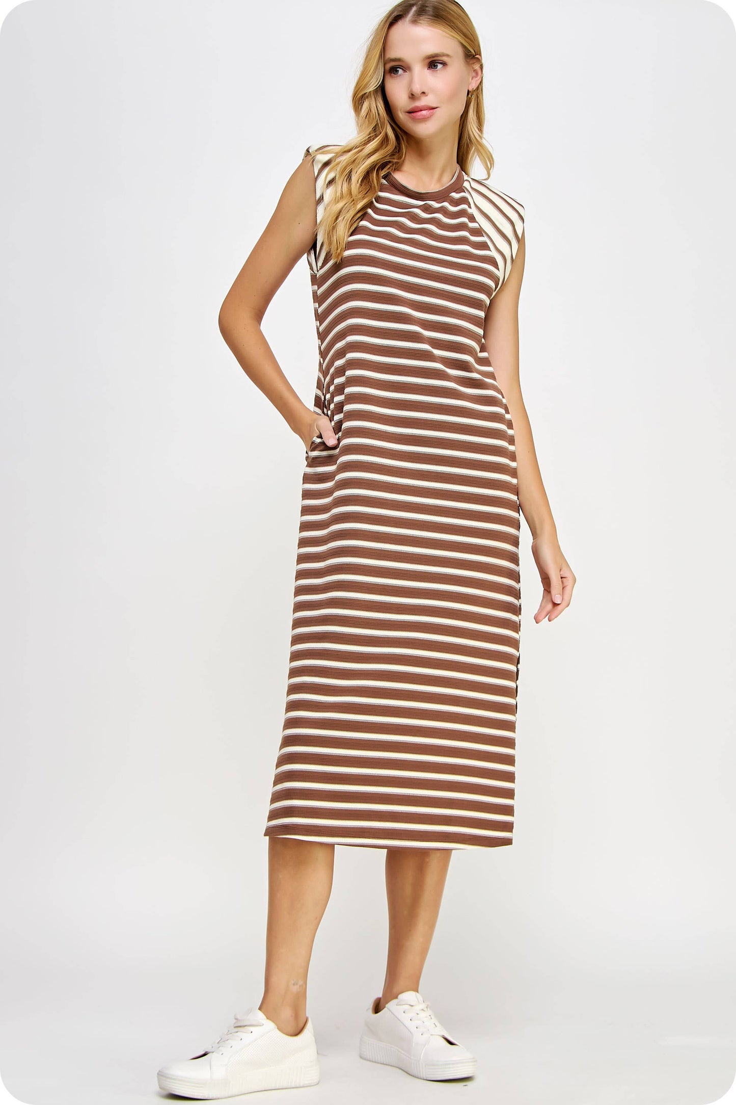 Contrast Striped Shoulder Pad Knit Midi Dress