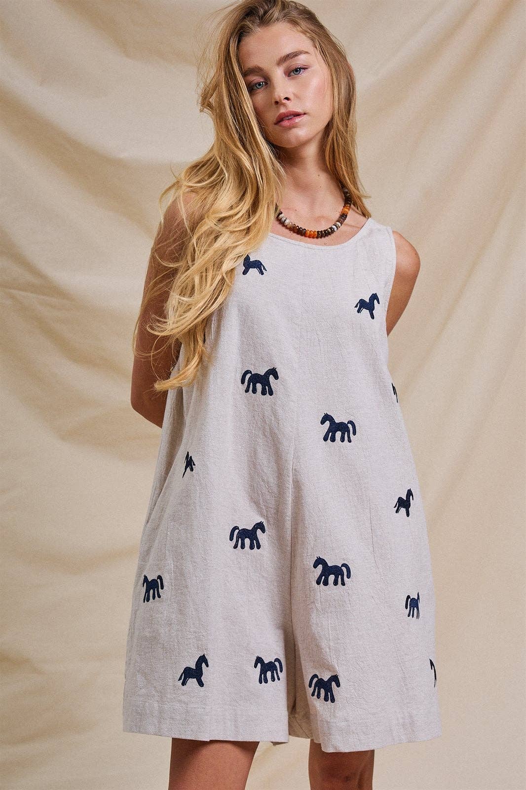 Embroidered Pony Cotton Linen Sleeveless Romper