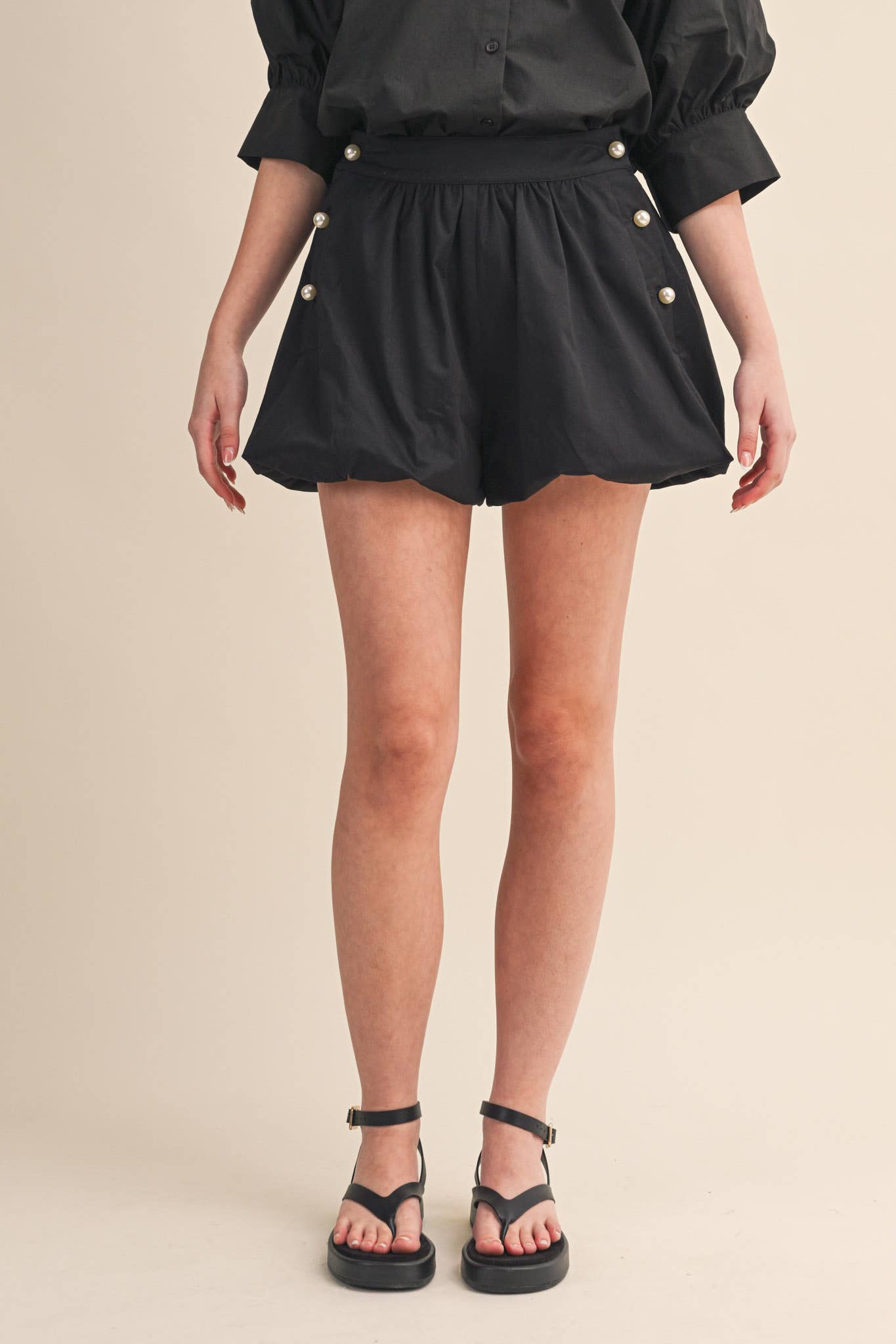 Bubble Hem Shorts With Pearl Buttons