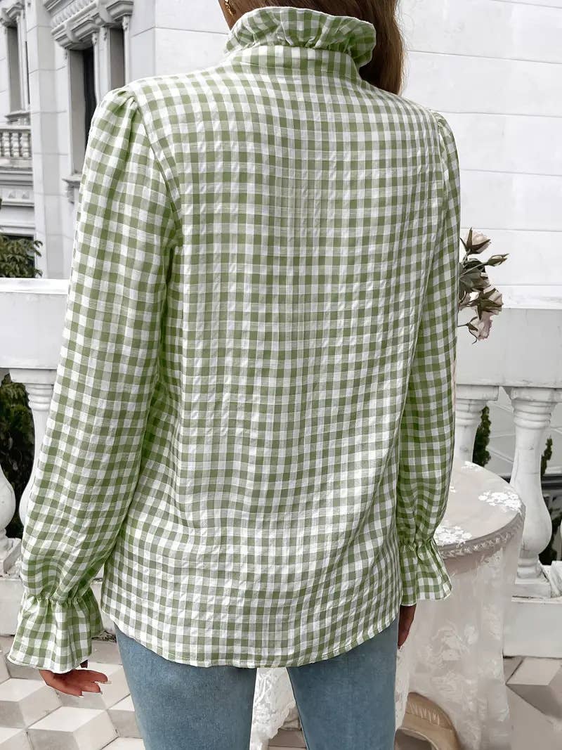 Ruffled Shirt Long-sleeve Plaid Blouse