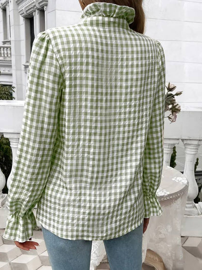 Ruffled Shirt Long-sleeve Plaid Blouse