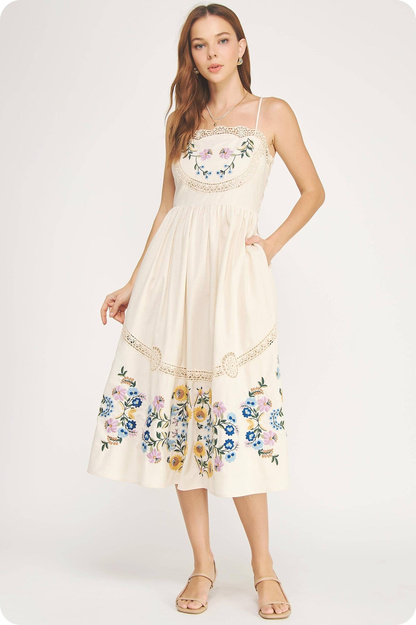 Embroidered Floral Lace Detail Midi Dress