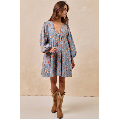 Washed Floral Denim Front Tied Dress