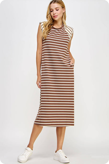 Contrast Striped Shoulder Pad Knit Midi Dress