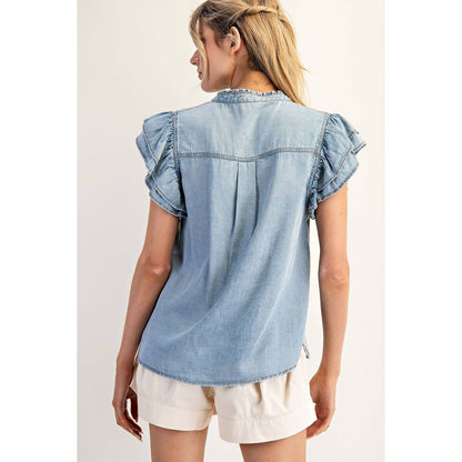 Washed Ruffle Trim Chambray Blouse