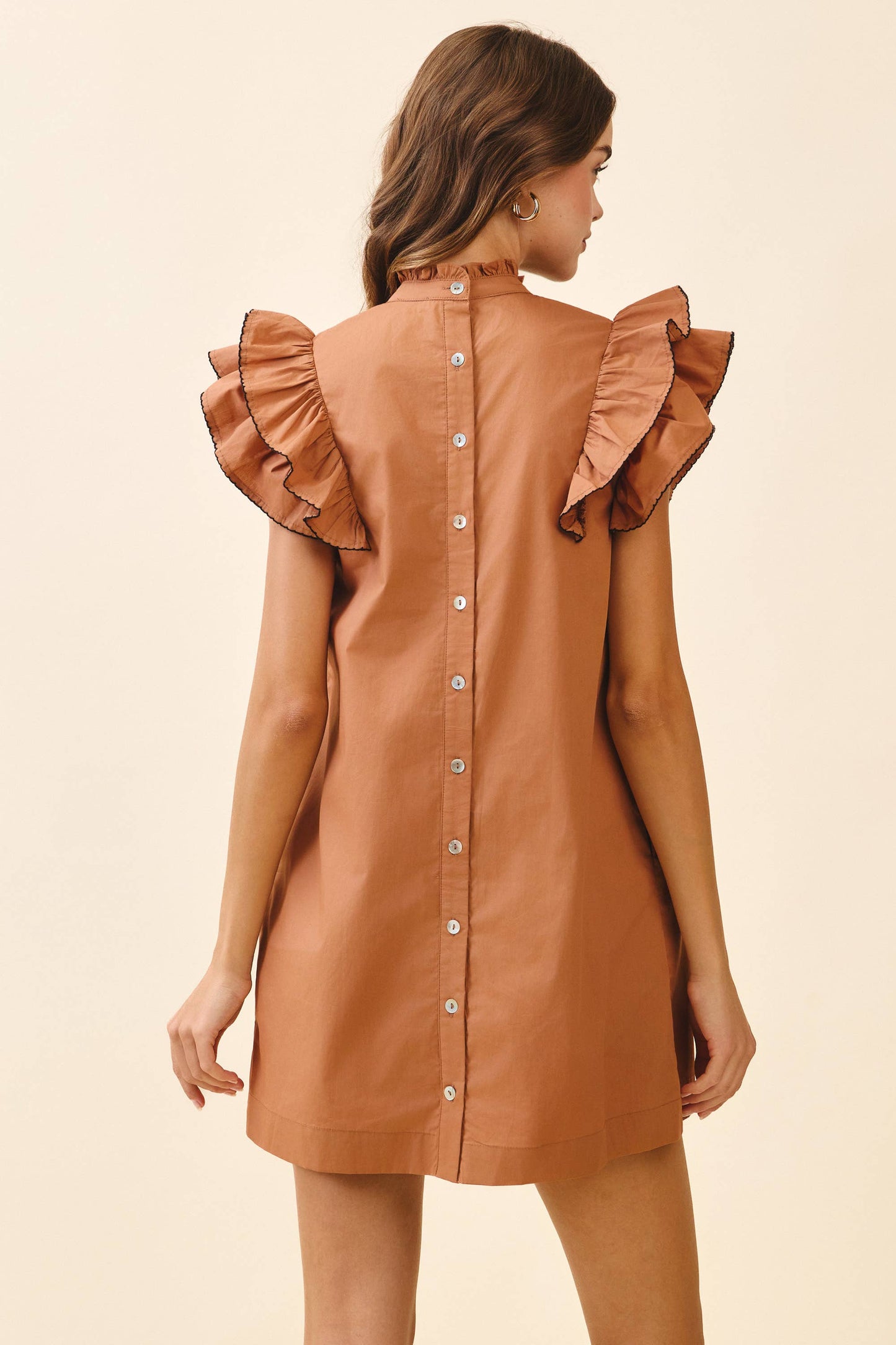 TCEC Back Button Down High Neck Babydoll Mini Dress