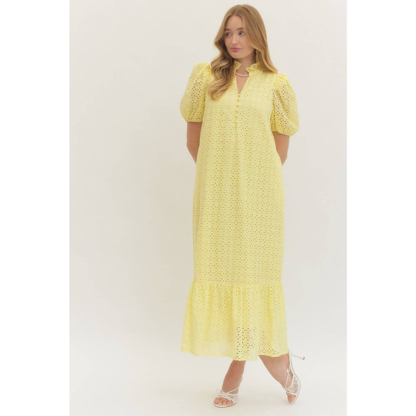 Eyelet Short Puff Sleeve Midi Dress
