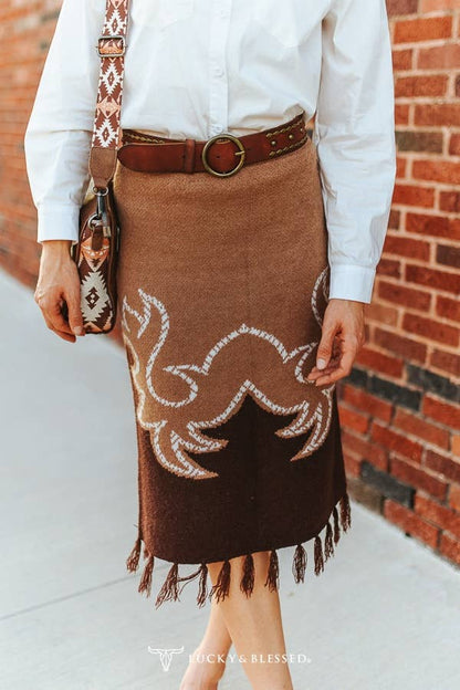 Brown Aztec Fringe Sweater Skirt