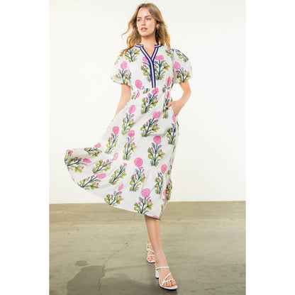 Puff Sleeve Flower Print Maxi Dress