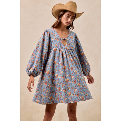 Washed Floral Denim Front Tied Dress