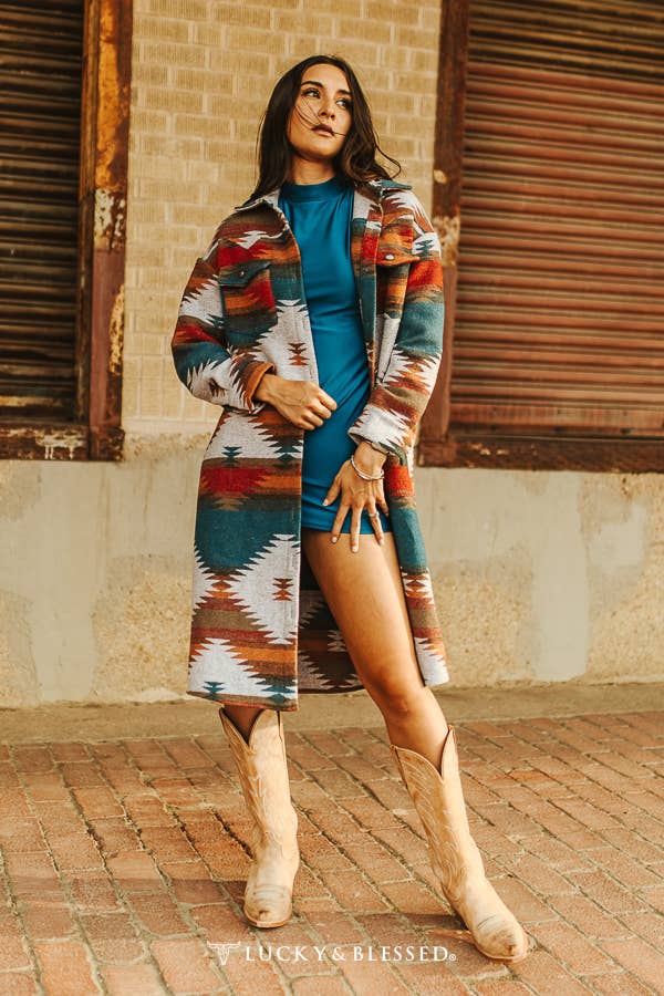 Plus Size Blue Teal Aztec Button Down Coat