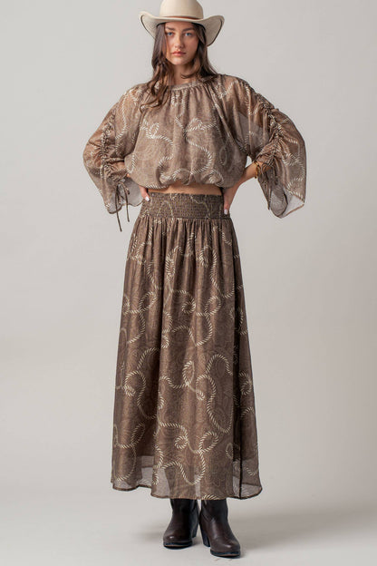 Rope Print Ruched Sleeve Blouse & Smocked Waist Skirt Set