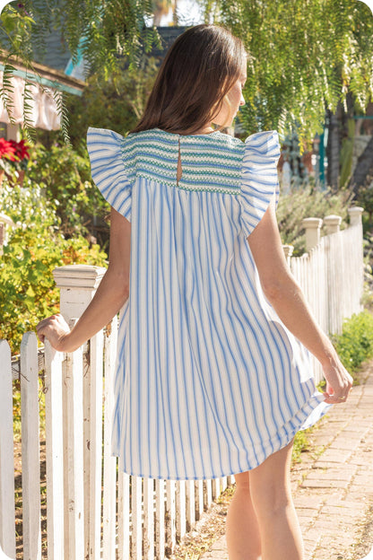 Stripe Color Smocking Detail Mini Dress