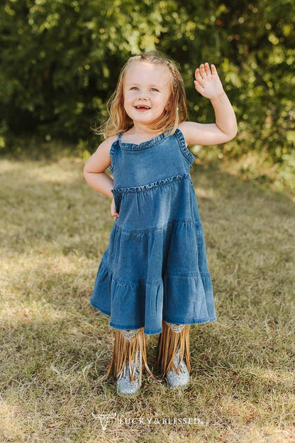 LUCKY & BLESSED Girl's Thin Strap Denim Dress