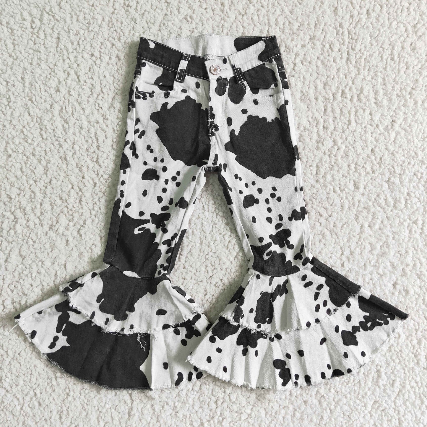 Cow Print Girls Ruffle Jeans