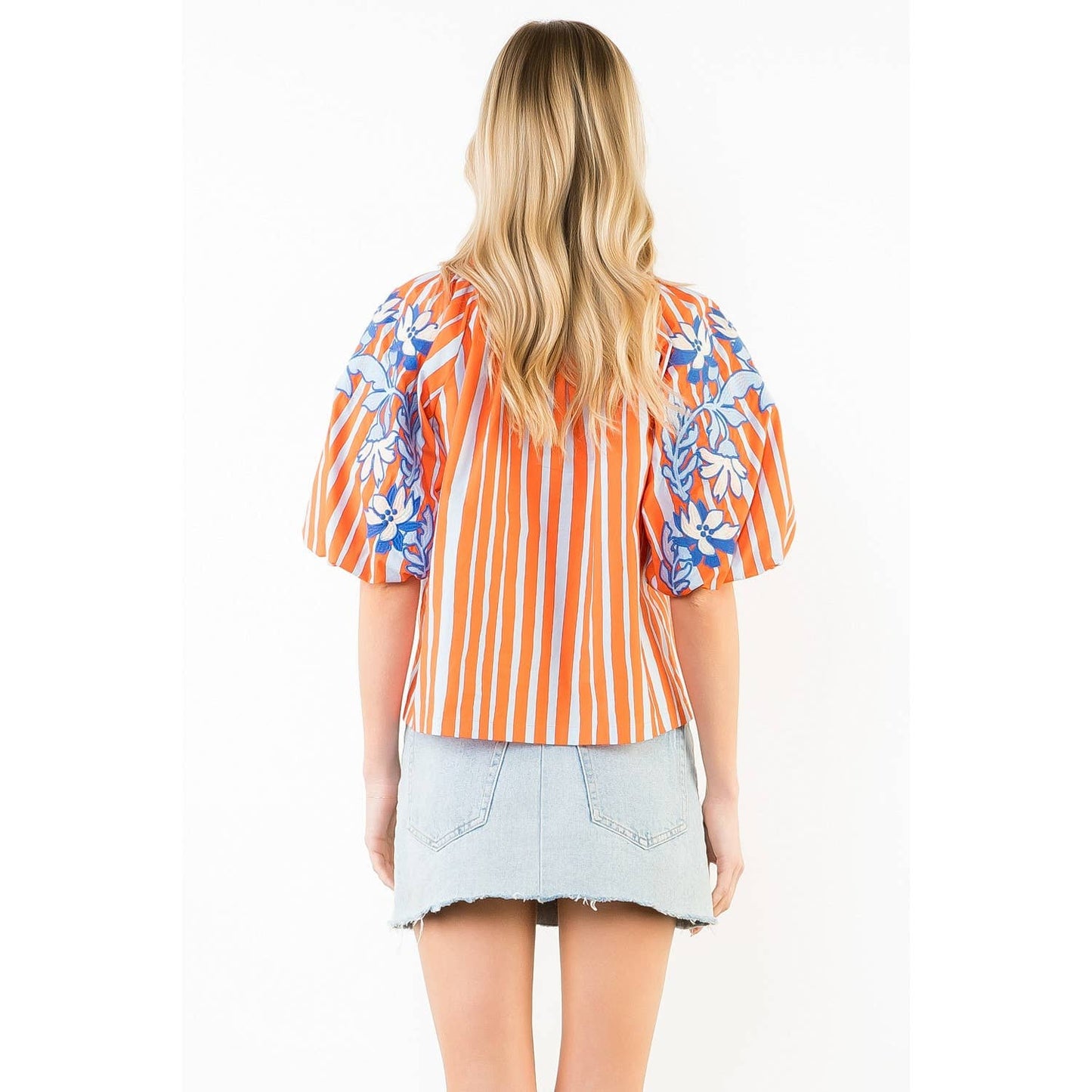 Puff Sleeve Embroidery Detail Striped Top