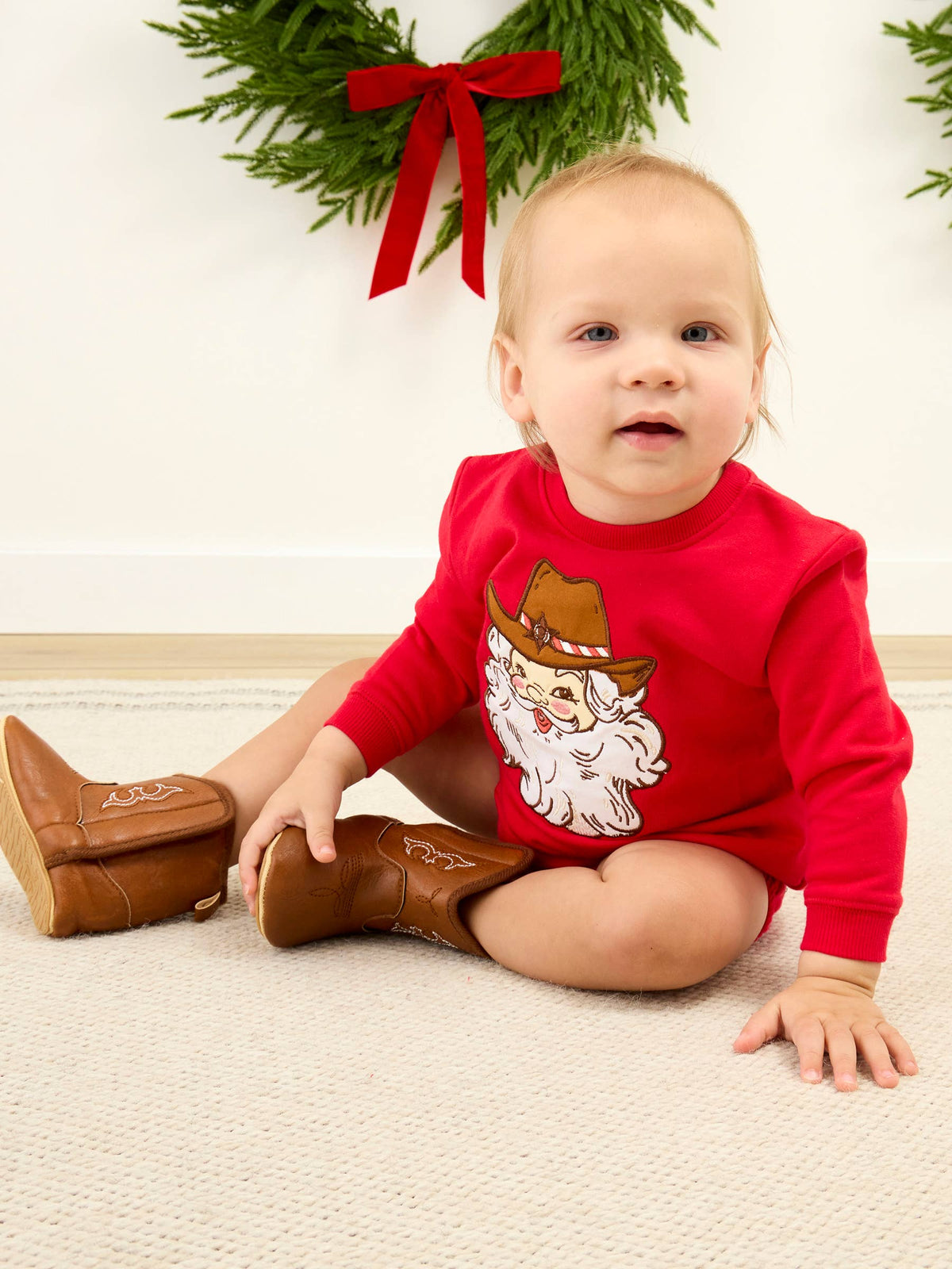 Baby Western Santa Sweatshirt Bubble Romper