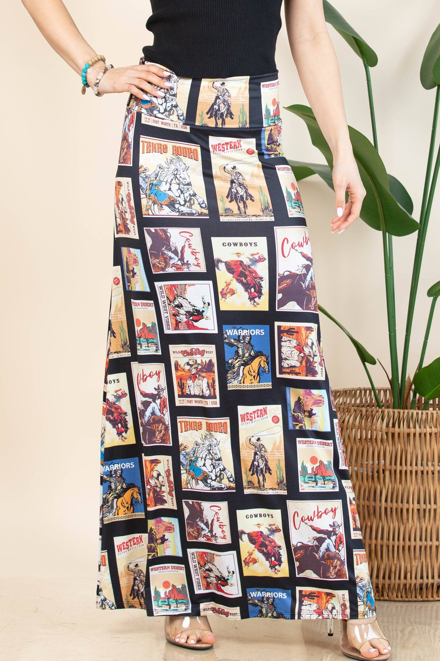 Emmelie Vintage Western Print Knit Full Skirt
