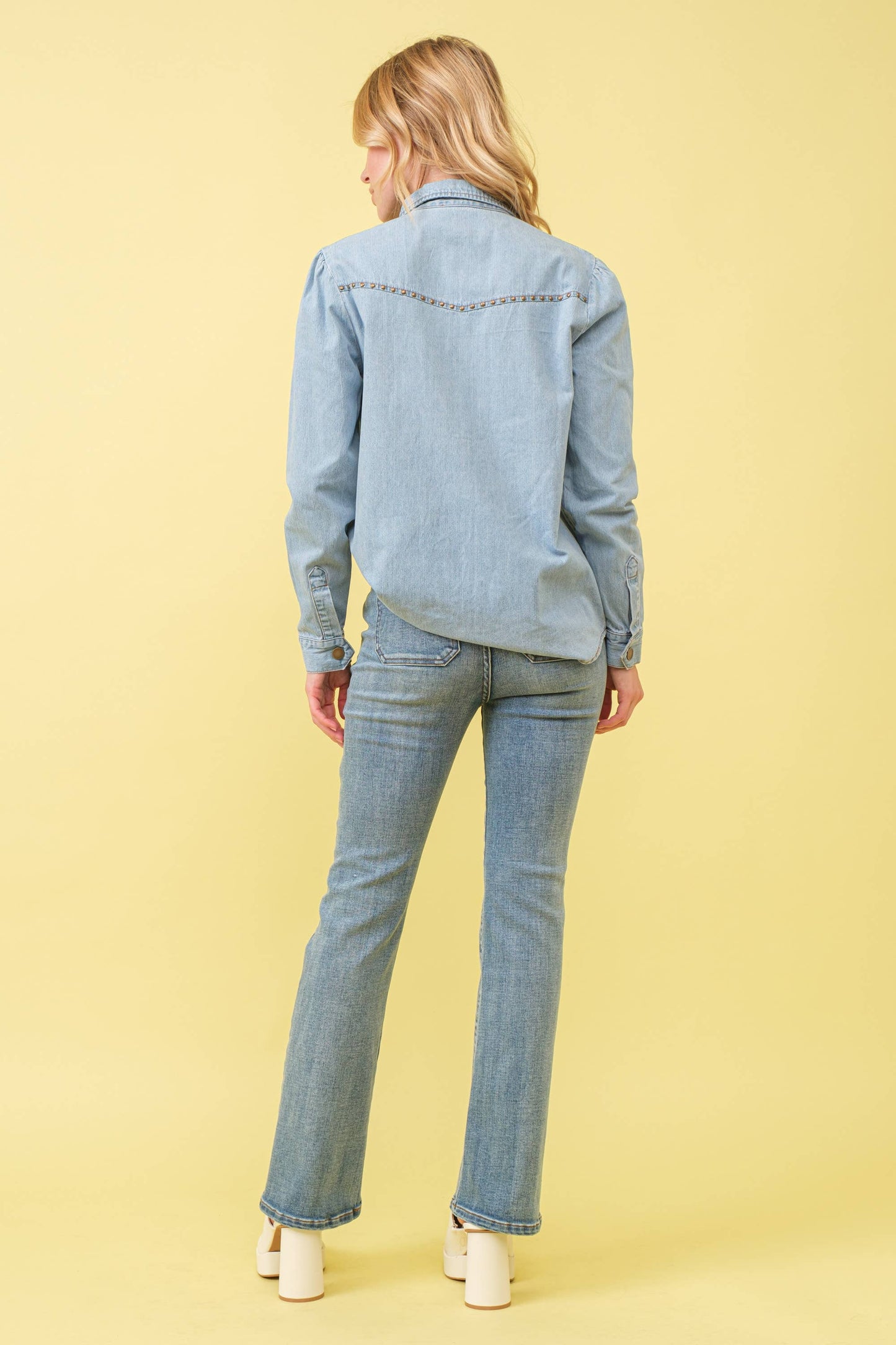 Chambray Cut Out Studded Collard Shirt Blouse