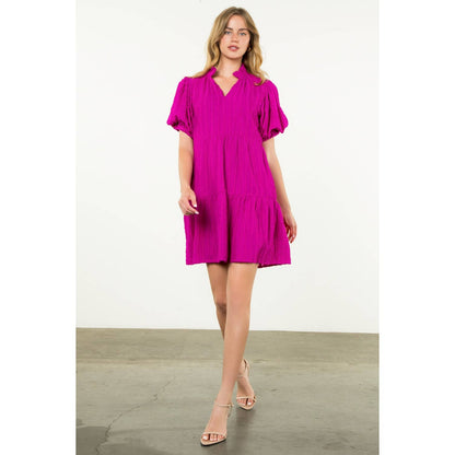 Tiered Puff Sleeve Textured Dress